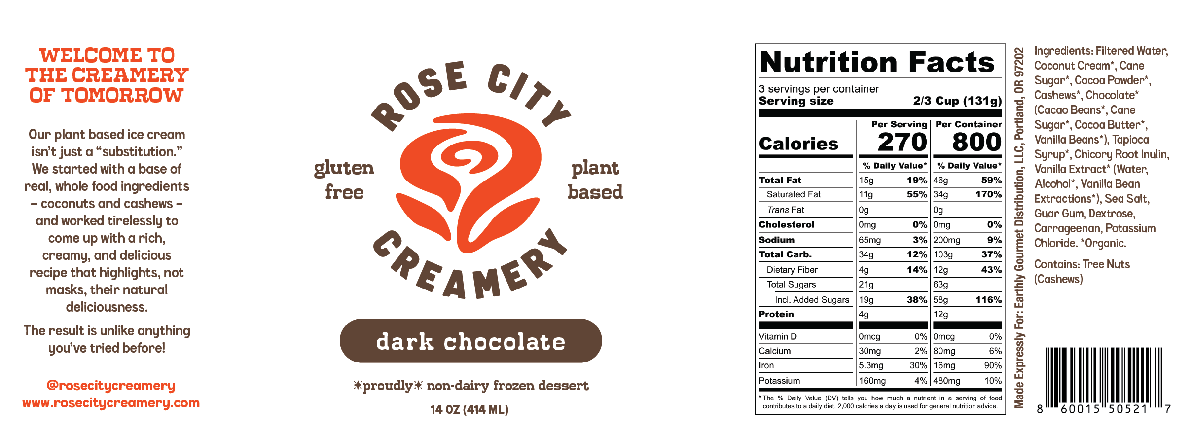 Packaging design for Rose City Creamery Dark Chocolate Ice Cream. Other text reads 'Welcome to the Creamery of Tomorrow,' gluten free, plant based, and proudly non-dairy frozen dessert.